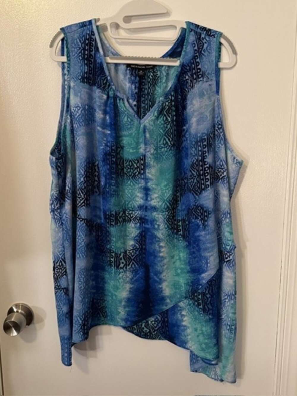 Zac & Rachel Woman Blue Teal Geometric Tie Dye Chiffon Overlay Tank Top 3X